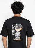 Cartoon Art Down Shoulder T-Shirt - Black