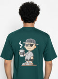 Cartoon Art Down Shoulder T-Shirt - Dark Green