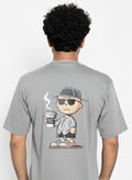 Cartoon Art Down Shoulder T-Shirt -Cool Grey