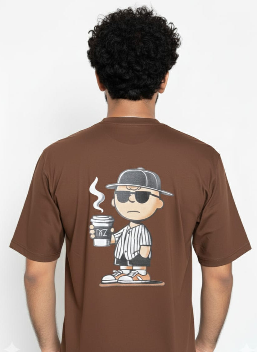 Cartoon Art Down Shoulder T-Shirt - Chocolate Brown