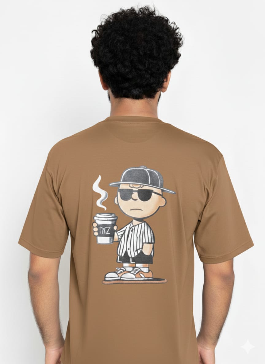 Cartoon Art Down Shoulder T-Shirt - Camel Brown
